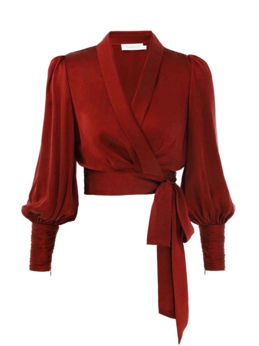 Zimmermann Burgundy Satin Wrap Blouse with Tie Waist